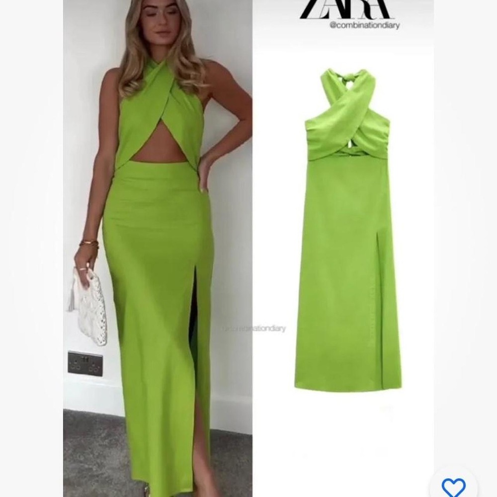 Zara Party Front Split Midi Dresses Linen Blend Cut Out Crossover Halter Dress